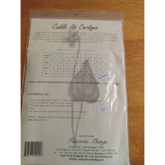 FAVORITE THINGS PATTERN DESIGNS #V022~CUDDLE UP CARDIGAN~SIZES 4-22~UNCUT~NIP - Picture 2 of 2